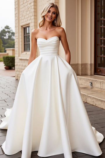 Strapless Ivory Satin A Line Wedding Dress